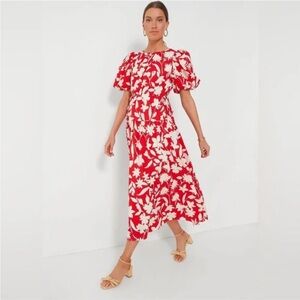 Moon River Red Side Tie Floral Puff-Sleeve Maxi Dress size S runs larger